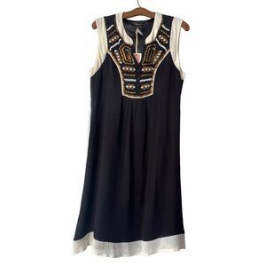 Image of Me Beaded Sleeveless Shift Dress Womens L Black Ivory Rayon Boho NEW